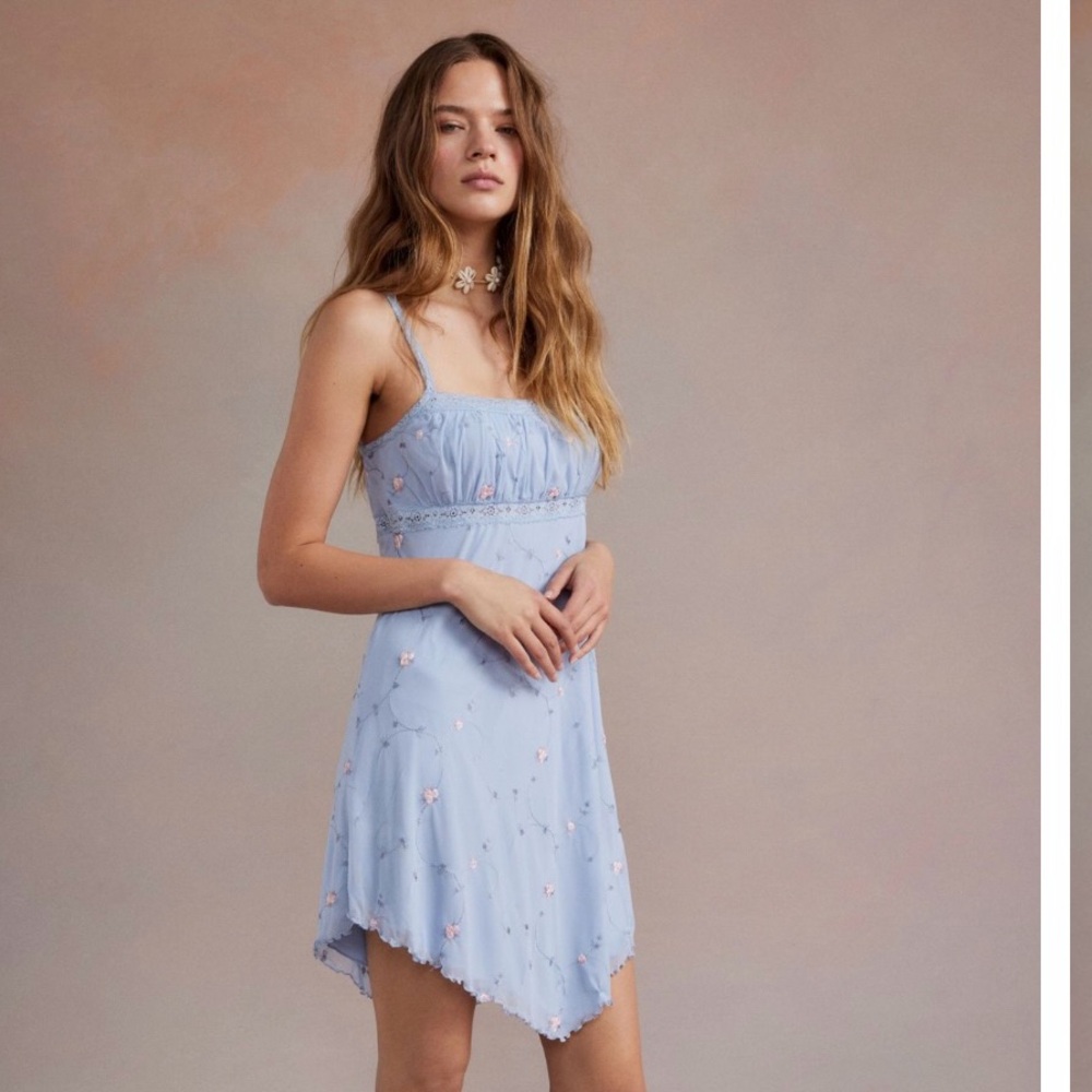 Urban Outfitters | Nikita Embroidered Hanky Hem Mini Dress NWT Medium Baby Blue